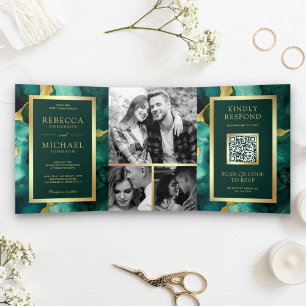 Convite Com Dobra Tripla Tinta Fluida Dourada Verde Esmeralda Código QR Cas