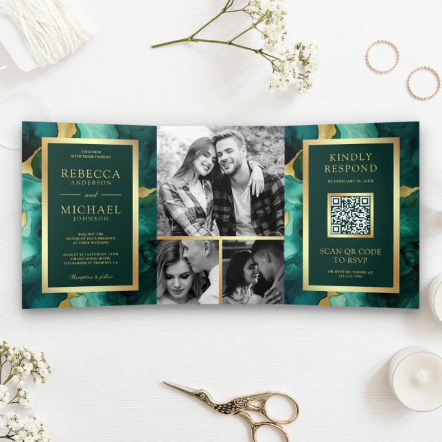 Convite Com Dobra Tripla Tinta Fluida Dourada Verde Esmeralda Código QR Cas (Criador carregado)