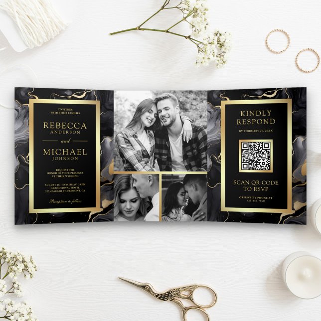 Convite Com Dobra Tripla Tinta Fluida Ouro Preto Código QR Casamento (Criador carregado)