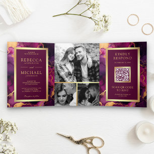 Convite Com Dobra Tripla Tinta Fluida Roxo Dourado Ameixa Código QR Casamen