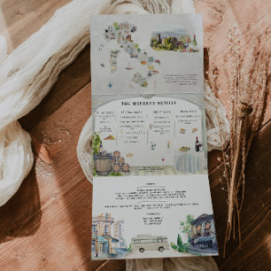 Convite Com Dobra Tripla Toscana Itália   Casamento Ilustrado