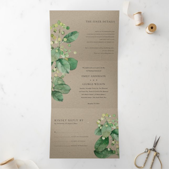 CONVITE COM DOBRA TRIPLA TRENDY KRAFT BERRY LEAFY FOLIAGE GREENERWWEDDING (Dentro)