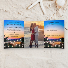 Convite Com Dobra Tripla Tropical Beach Sunset String Luzes de Casamento Fo