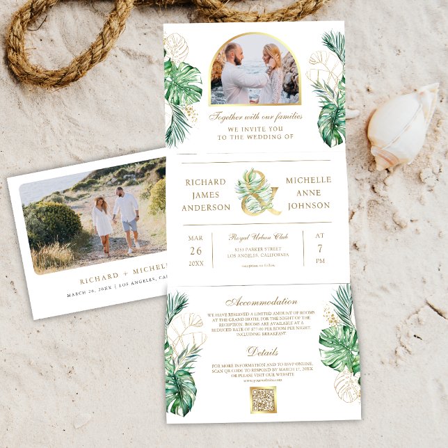 Convite Com Dobra Tripla Tropical Dourado Monstera Palmeira Código QR Foto  (Criador carregado)