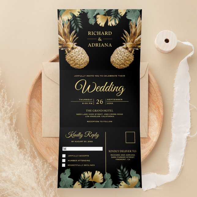 Convite Com Dobra Tripla Tropical Palma Preto Ouro Abacaxi Casamento (Criador carregado)