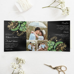 Convite Com Dobra Tripla Tropical Verde Ouro Monstera Palma Preta Casamento