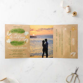 Convite Com Dobra Tripla Tropical Wreath Sandy Beach Wedding Suite