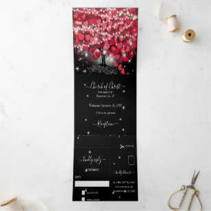 Convite Com Dobra Tripla Tudo Em Um Casamento De Folha De Coração Vermelha