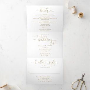Convite Com Dobra Tripla Tudo em Um Coração Script Ouro Casamento