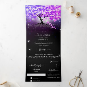 Convite Com Dobra Tripla Tudo em Um Elegante Coração Roxo Rosa Folha Casame