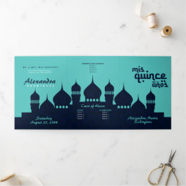 Convite Com Dobra Tripla Turquesa Meia-Noite Azul Noites Árabes Quinceañera