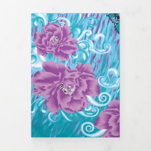 Convite Com Dobra Tripla Um vibrante design de tecido com roxo e turquesa