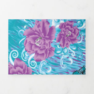 Convite Com Dobra Tripla Um vibrante design de tecido com roxo e turquesa