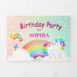 Convite Com Dobra Tripla Unicorn Glitter Rainbow Kids Moderno Aniversário