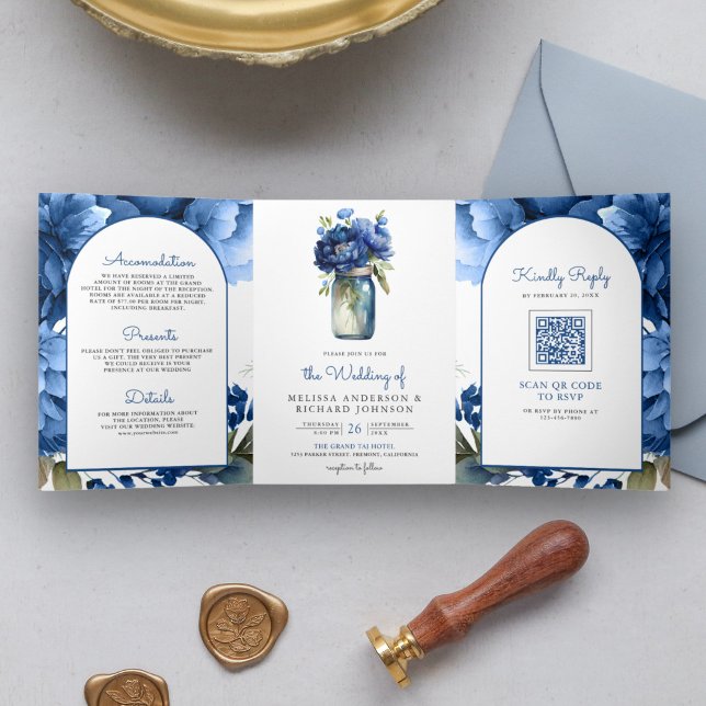 Convite Com Dobra Tripla Vaso de Pedra com Código QR Floral Azul Real Casam (Criador carregado)