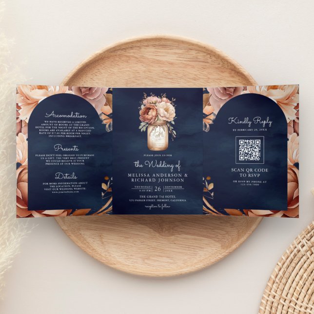 Convite Com Dobra Tripla Vaso de Pedra Floral Terracota Casamento Código QR (Criador carregado)