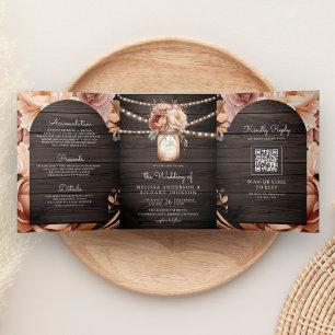 Convite Com Dobra Tripla Vaso de Pedra Floral Terracota Código QR Casamento