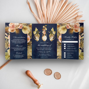Convite Com Dobra Tripla Vasos Florais Terrosos Palma Seca Casamento Azul N