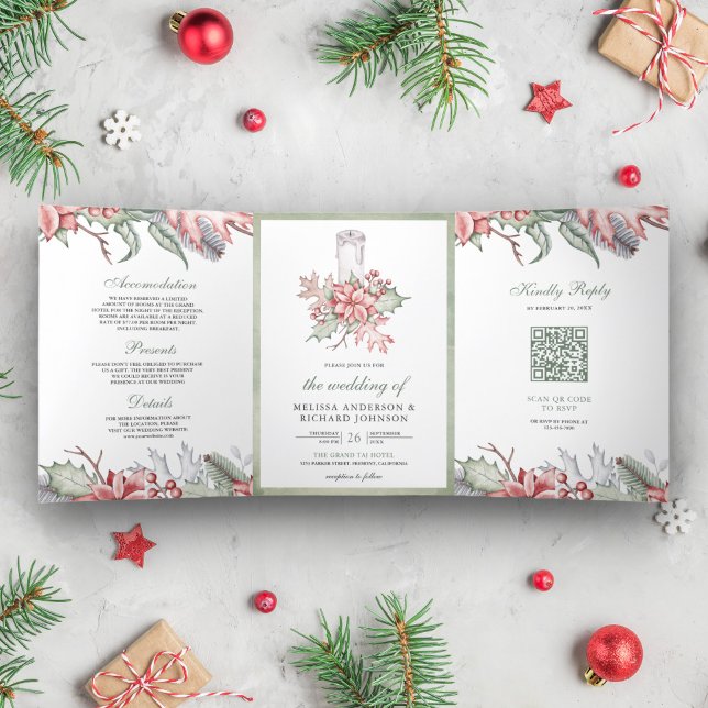 Convite Com Dobra Tripla Vela de Natal com Poinsettia Rústica Código QR Cas (Criador carregado)