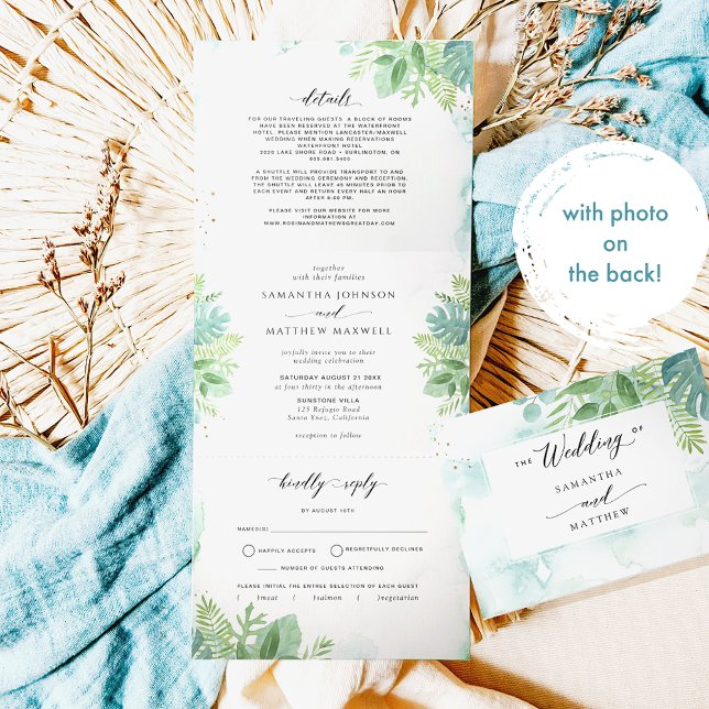 Convite Com Dobra Tripla Verde Azul com RSVP, Casamento Fotográfico (Criador carregado)