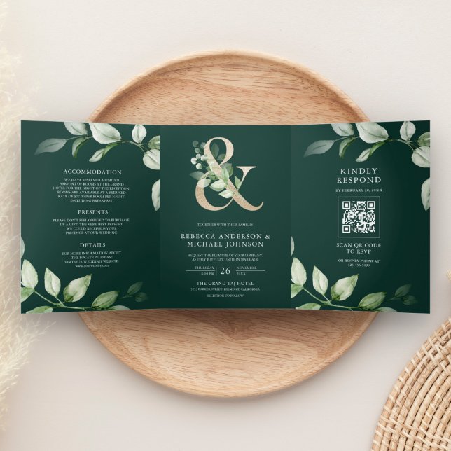 Convite Com Dobra Tripla Verde Dourado Ampersand Código QR Casamento Esmera (Criador carregado)