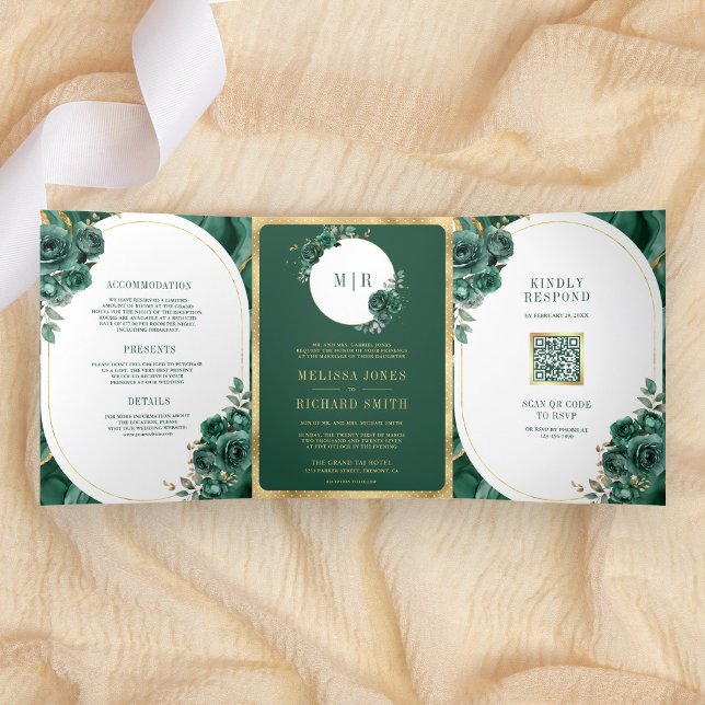 Convite Com Dobra Tripla Verde Esmeralda Floral Mármore Tudo em Um Casament (Criador carregado)