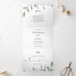 Convite Com Dobra Tripla Verde Minimalista com Casamento Floral de Watercol