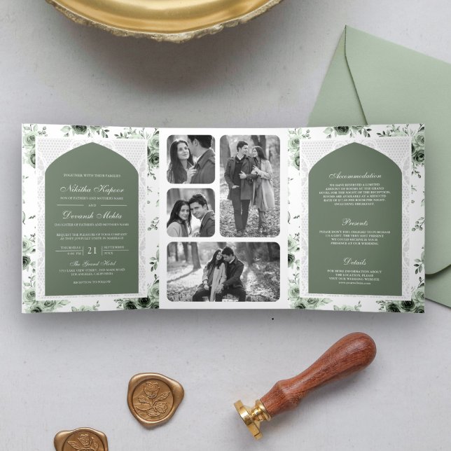 Convite Com Dobra Tripla Verde Salvia Floral Macacão de Renda para Casament (Criador carregado)