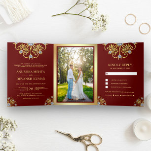Convite Com Dobra Tripla Vermelho e Dourado Mandala Tradicional Casamento I