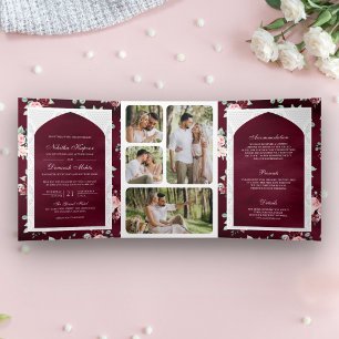 Convite Com Dobra Tripla Vestido Floral de Renda Borgonha para Casamento In