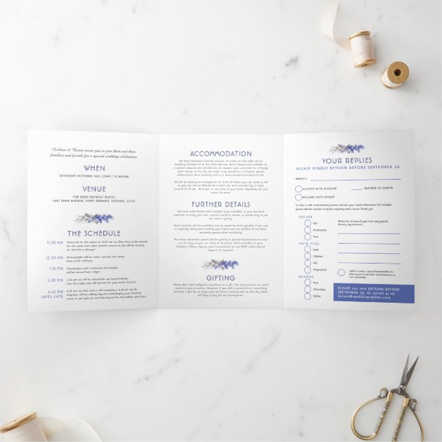 Convite Com Dobra Tripla Vinhas azuis cinza d'água casada tudo em um (Dentro)