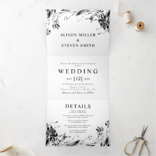 Convite Com Dobra Tripla Vintage black line art flores foto casamento