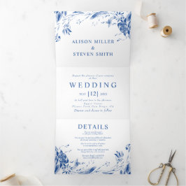 Convite Com Dobra Tripla Vintage Blue Line Art flores foto casamento