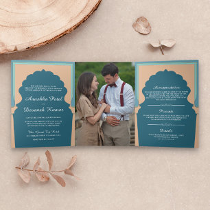 Convite Com Dobra Tripla Vintage Blue Traditional Arch Weds