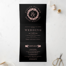Convite Com Dobra Tripla Vintage blush rosa wreath black fundo casamento