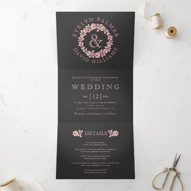 Convite Com Dobra Tripla Vintage blush rosa wreath charcarboneto cinza casa (Dentro)