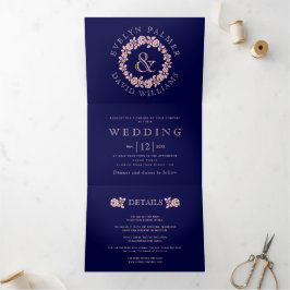 Convite Com Dobra Tripla Vintage blush rosa wreath marinho azul casamento
