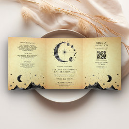 Convite Com Dobra Tripla Vintage Celestial Fases da Lua Crescente Casamento