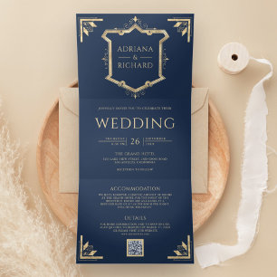 Convite Com Dobra Tripla Vintage Dourado Crest Código QR Marinho Casamento 