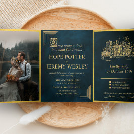 Convite Com Dobra Tripla Vintage Fairy Tale Book Dourado Emerald Magic