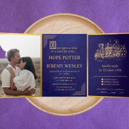 Convite Com Dobra Tripla Vintage Fairy Tale Book Dourado Roxo Velvet