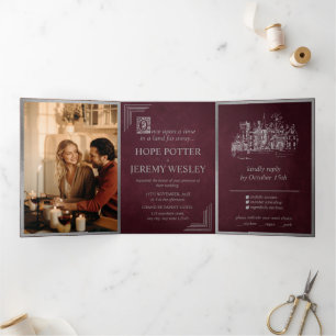 Convite Com Dobra Tripla Vintage Fairy Tale Book Silver Burgundy Casamento