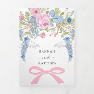 Convite Com Dobra Tripla Vintage Floral Watercolor Pink Blue Wedding