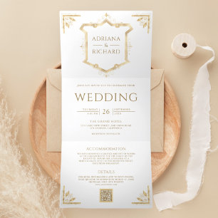 Convite Com Dobra Tripla Vintage Gold Crest Código QR Casamento Branco
