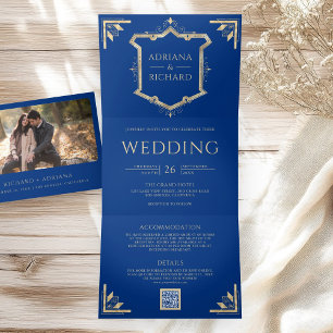 Convite Com Dobra Tripla Vintage Gold Crest Código QR Royal Blue Casamento