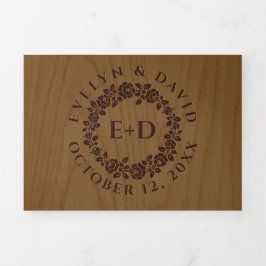 Convite Com Dobra Tripla Vintage gravado em rosa, casamento de madeiras rús