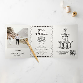 Convite Com Dobra Tripla Vintage Hand Drawn Photo Wedding