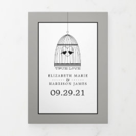 Convite Com Dobra Tripla Vintage Heart Birdcage, Silver Wedding Suite