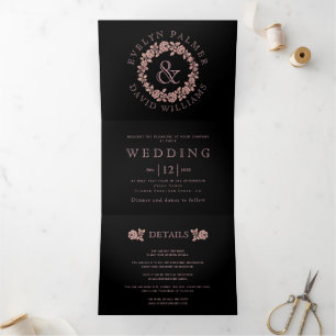 Convite Com Dobra Tripla Vintage rosa dourado rosa wreath black casamento