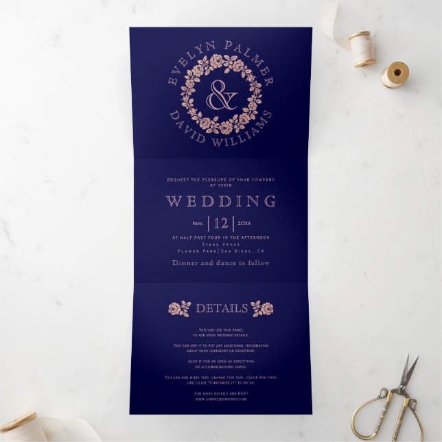 Convite Com Dobra Tripla Vintage rosa dourado rosa wreath marinho casamento (Dentro)